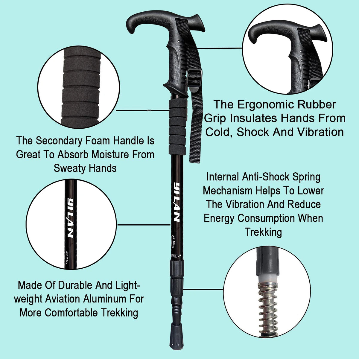 Ultralight hiking poles with shock absorption and quick-locking system