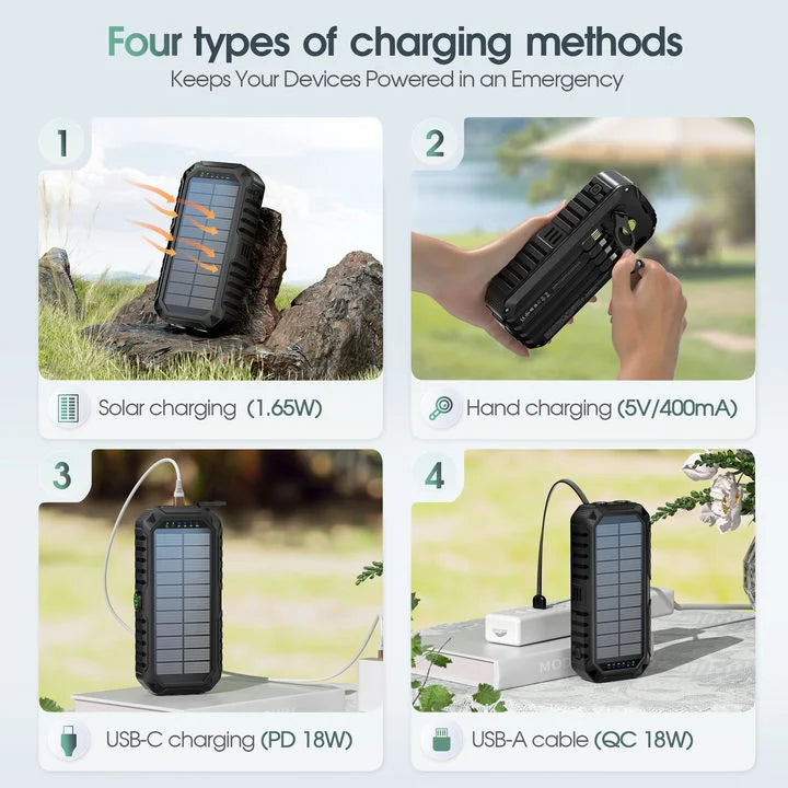 Solar Power Bank with Hand Crank, Compass & Leveler
