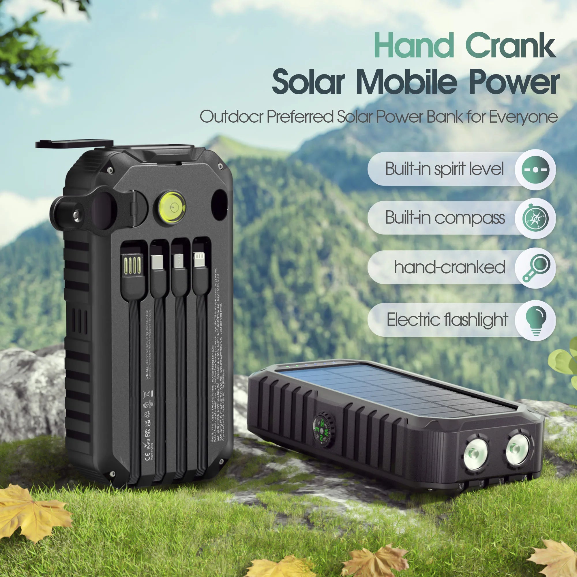 Solar Power Bank with Hand Crank, Compass & Leveler