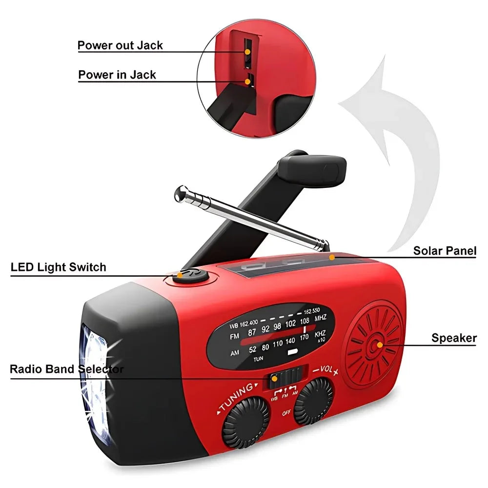 Solar Hand Crank Radio Power Bank and LED Flashlight