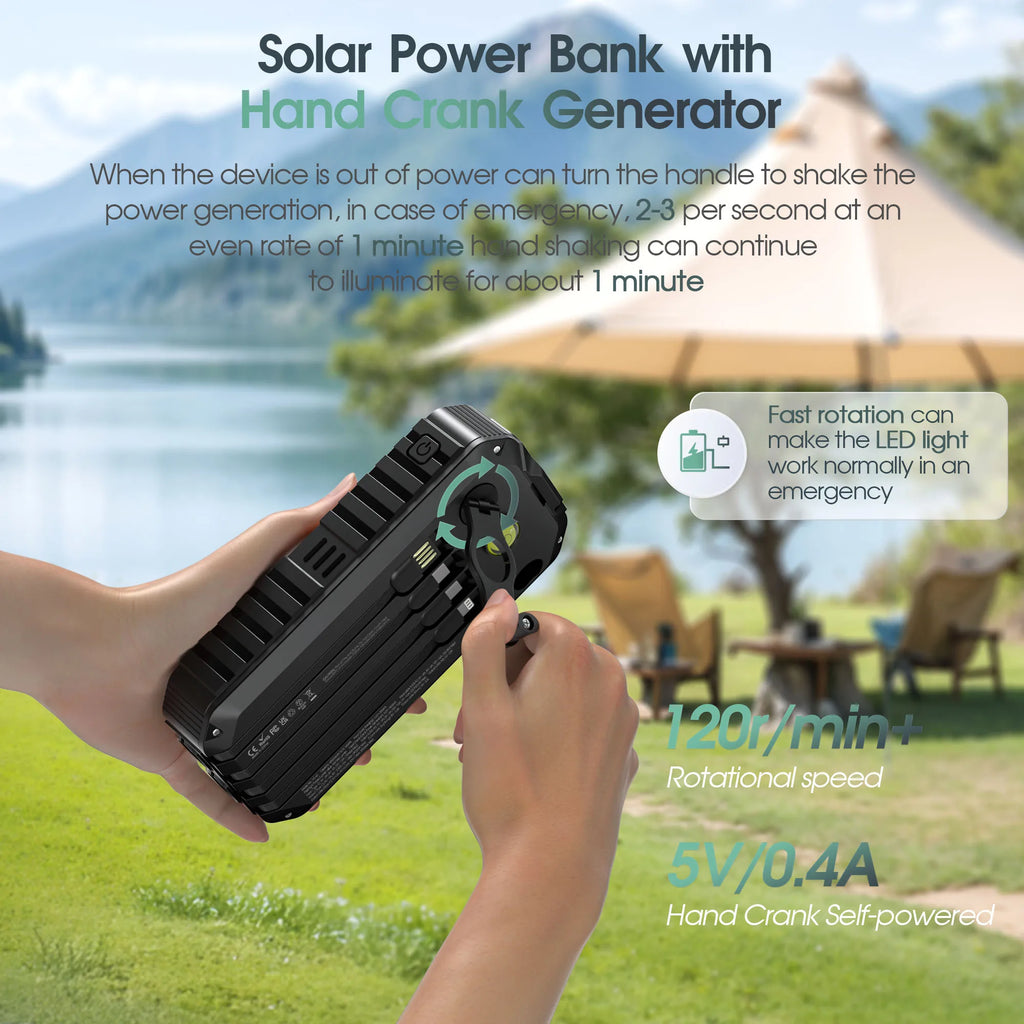 Solar Power Bank with Hand Crank, Compass & Leveler