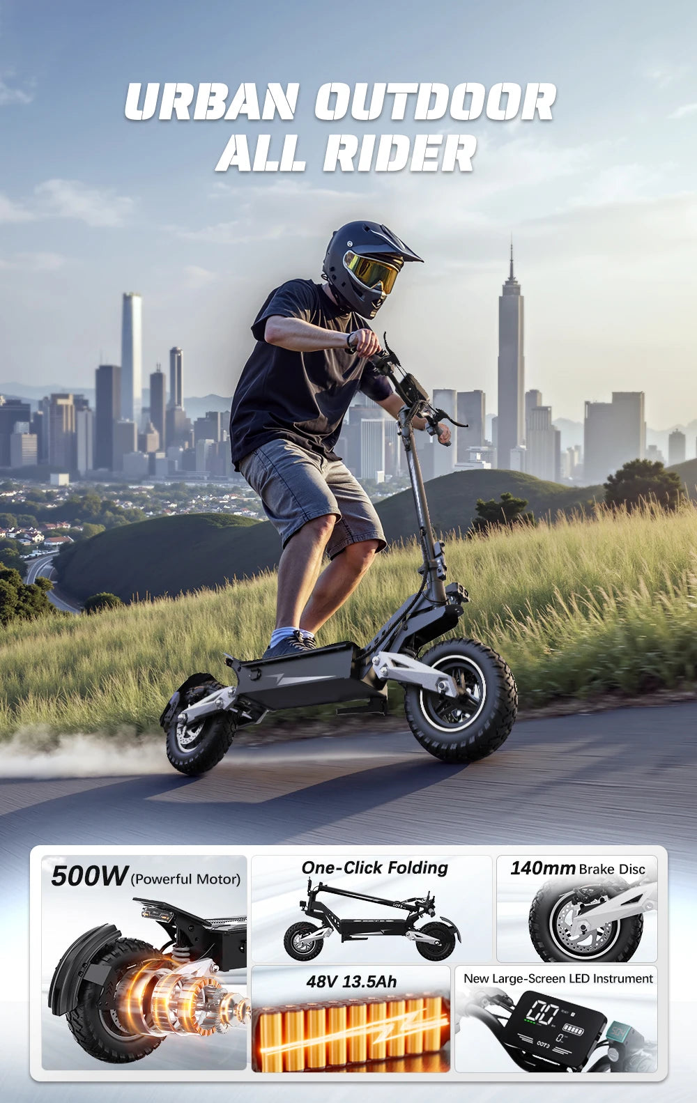Adult Affordable Electric Scooter, 45-60km Range, All Terrain Tires.