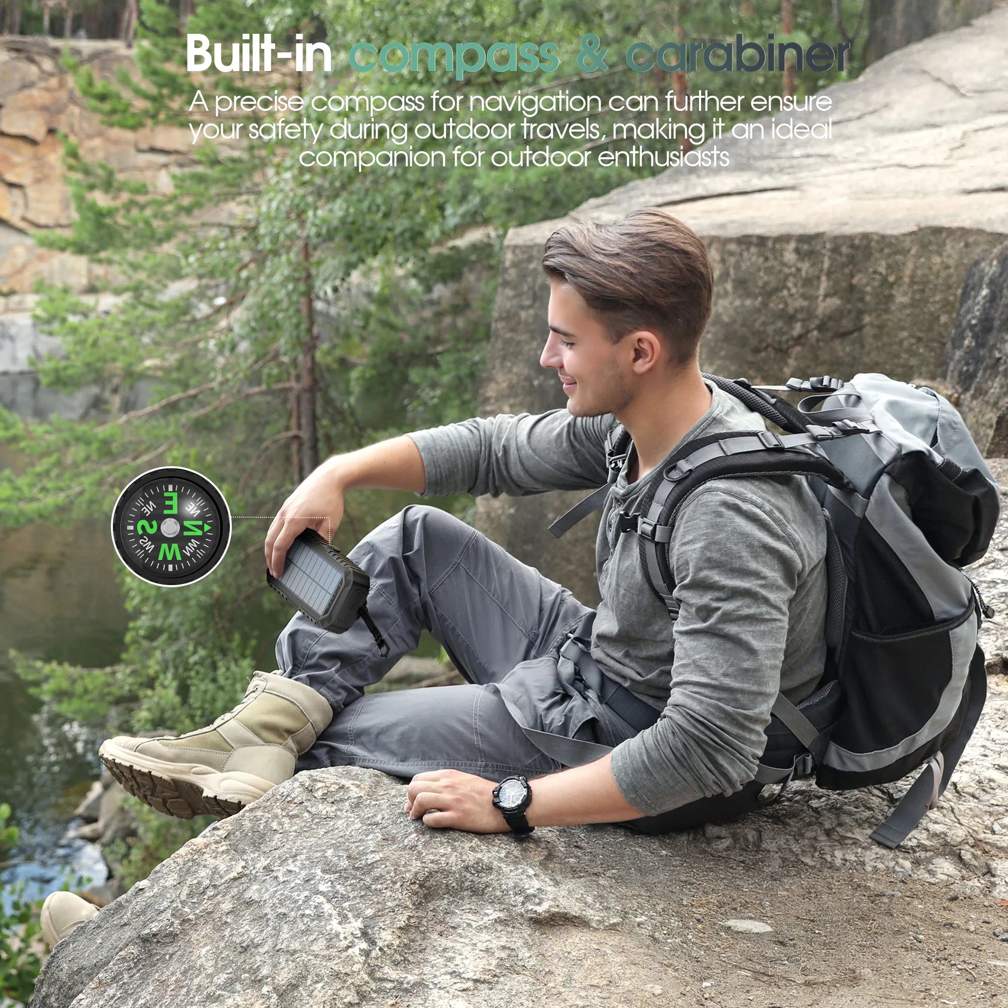 Solar Power Bank with Hand Crank, Compass & Leveler